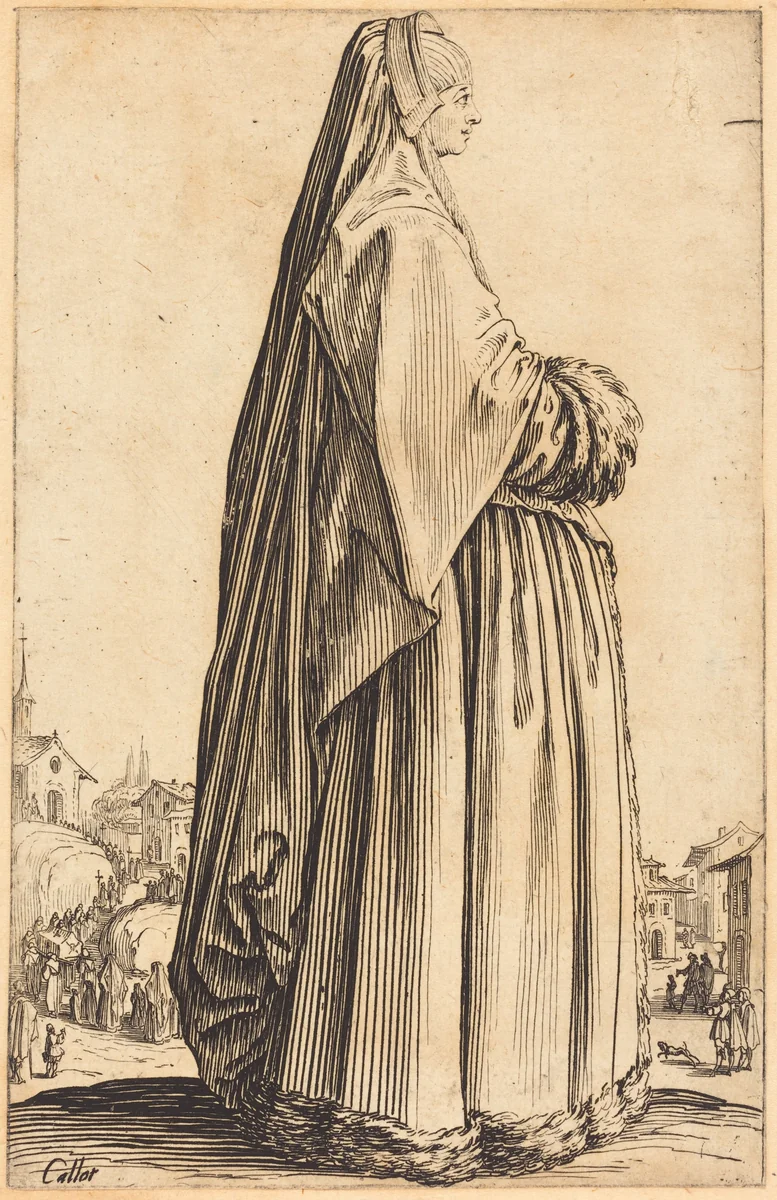Noble Woman Wearing a Veil and a Dress Trimmed in Fur by Jacques Callot, print, 1620-1623