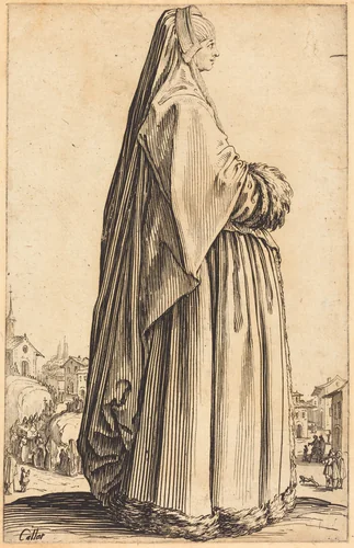 Noble Woman Wearing a Veil and a Dress Trimmed in Fur by Jacques Callot, print, 1620-1623