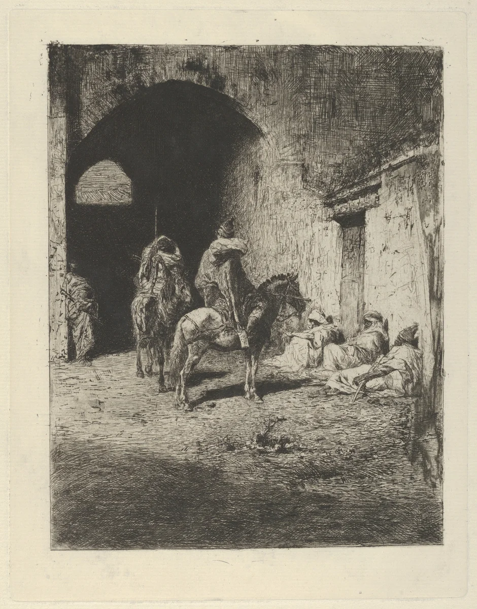 Guards on horseback at the entrance to the Kasbah in Tetuan, figures sitting on the ground by Mariano Fortuny, print, 1868-1878