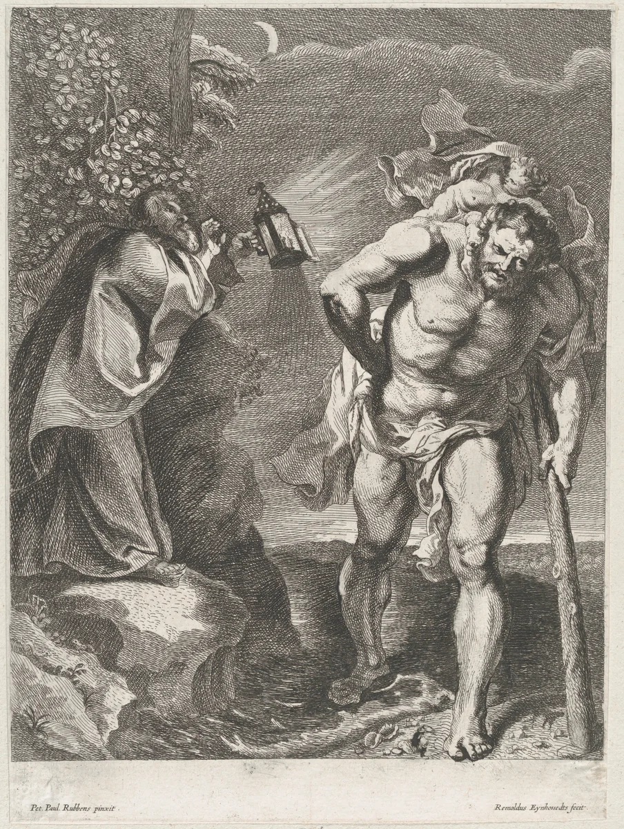 Saint Christopher carrying the Christ child across a stream, another man holding a lantern at left on the riverbank by Rombout Eynhoudts, print, 1631-1680