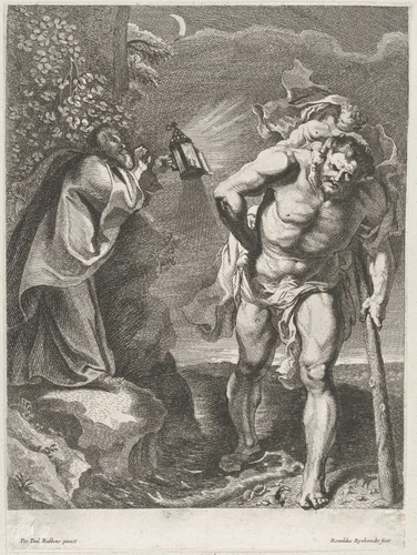 Saint Christopher carrying the Christ child across a stream, another man holding a lantern at left on the riverbank by Rombout Eynhoudts, print, 1631-1680