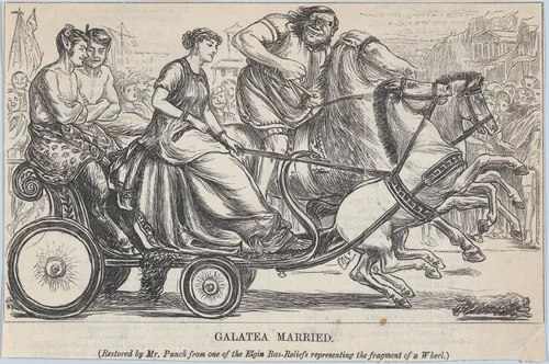 Galatea Married – Restored by Mr. Punch from one of the Elgin Bas-Reliefs representing the fragment of a Wheel by anonymous, print, 1866