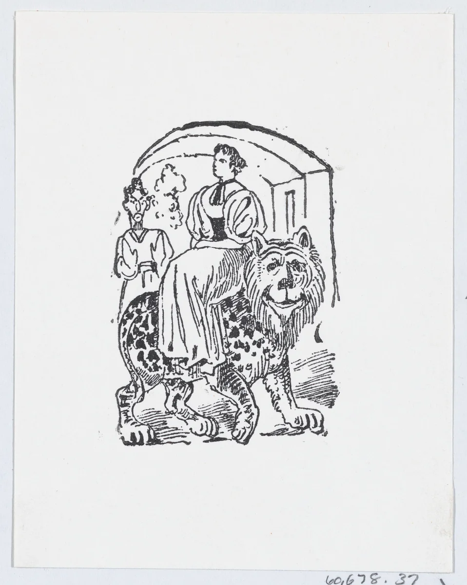 A woman riding on the back of a tiger by José Guadalupe Posada, print, 1875-1885