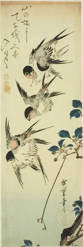 Swallows and flowering branch by Utagawa Hiroshige (歌川広重), print, 1830-1839
