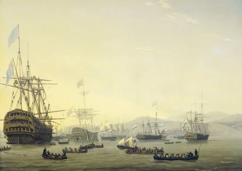 Council of War on board the 'Queen Charlotte', commanded by Lord Exmouth, prior to the Bombardment of Algiers, 26 August 1816 by Nicolaas Baur, painting, 1818