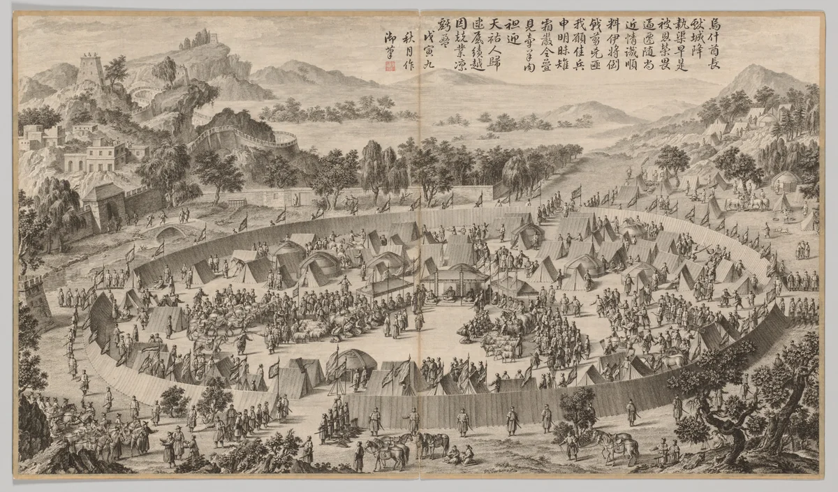 Chieftain Wushe Surrendering the City: from Battle Scenes of the Quelling of the Rebellions in the Western Regions, with imperial Poems by Jean Damascene Sallusti, print, 1758-1774