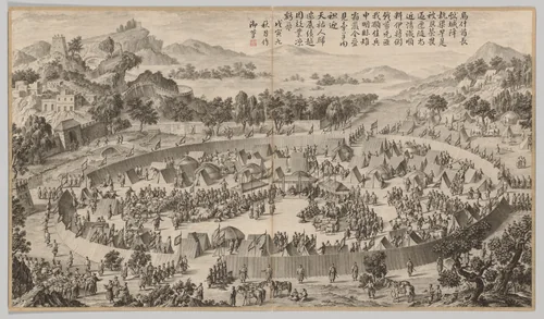 Chieftain Wushe Surrendering the City: from Battle Scenes of the Quelling of the Rebellions in the Western Regions, with imperial Poems by Jean Damascene Sallusti, print, 1758-1774