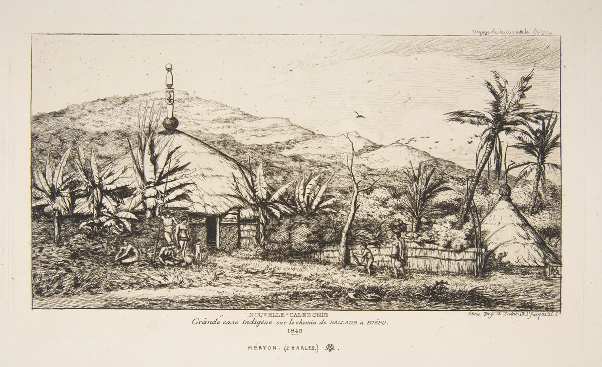 New Caledonia: Large native hut on the road from Balade to Puebo, 1845, from "The Voyage to New Zealand (1842–46)" by Charles Meryon, print, 1863