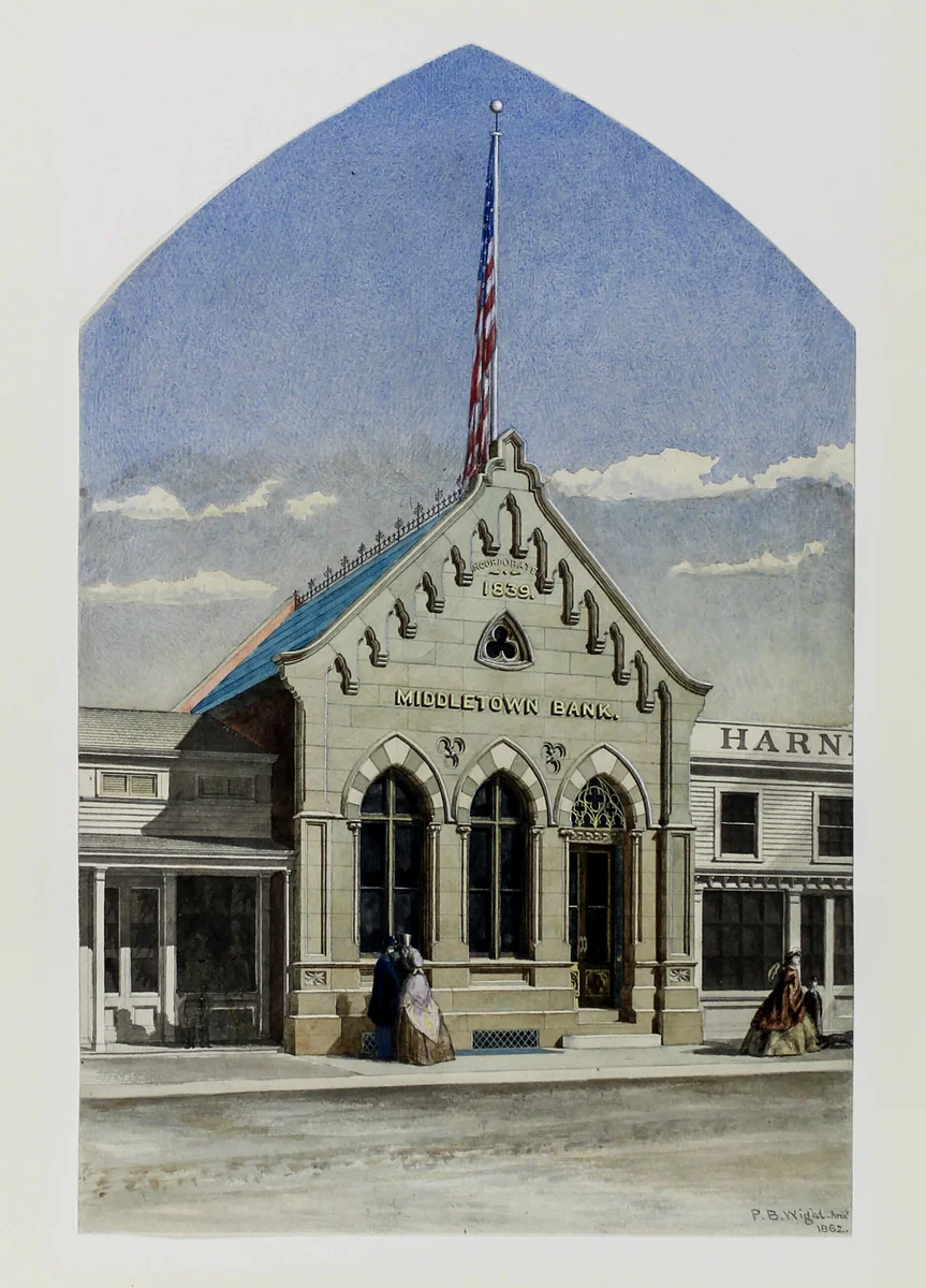 Middletown Bank, New York, Perspective by Peter Bonnett Wight, drawing, 1862