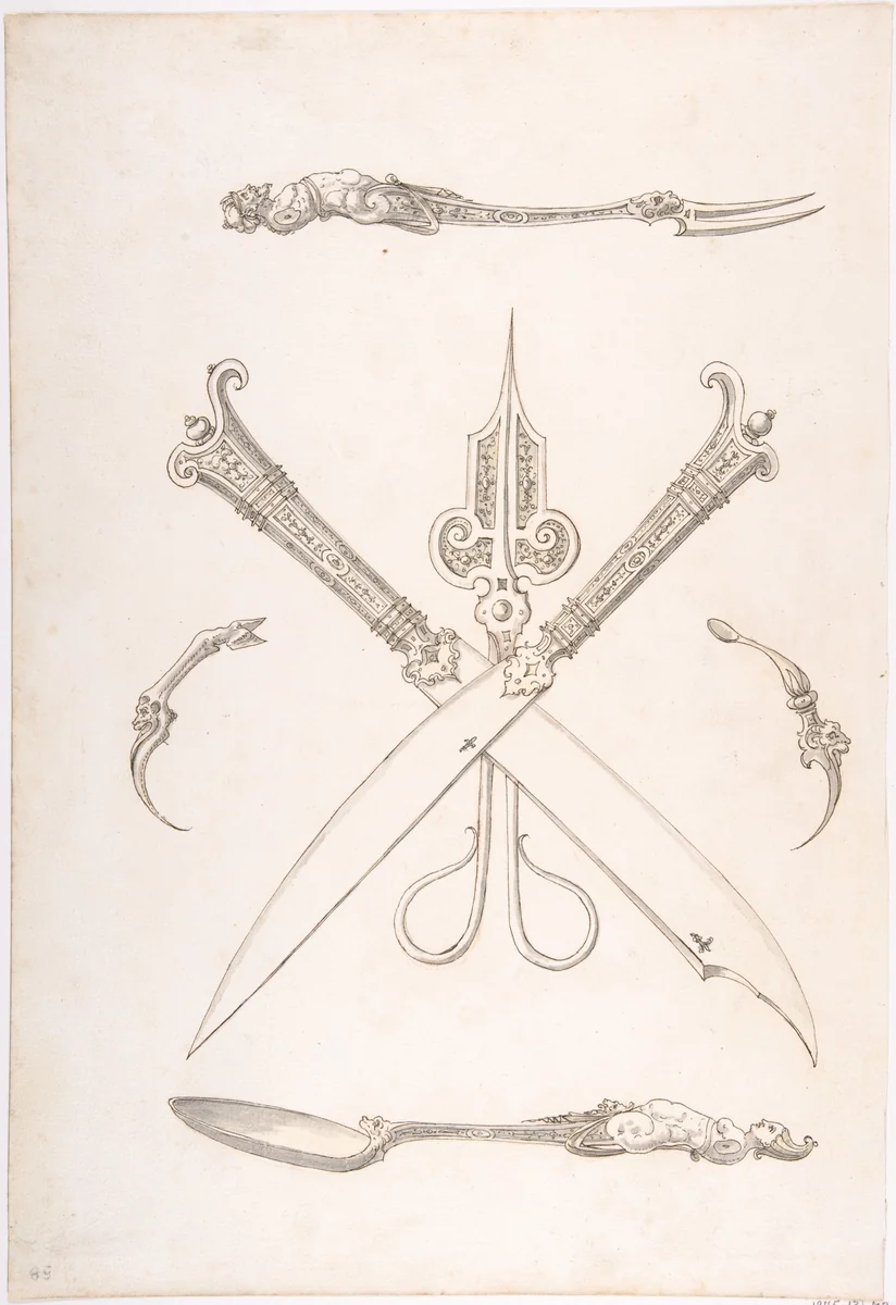 Design for Spoon, Fork, Two Knives (Crossed over scissors), Scissors, Ear Spoon and Toothpick by Erasmus Hornick, drawing, 1496-1583