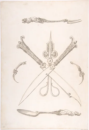 Design for Spoon, Fork, Two Knives (Crossed over scissors), Scissors, Ear Spoon and Toothpick by Erasmus Hornick, drawing, 1496-1583