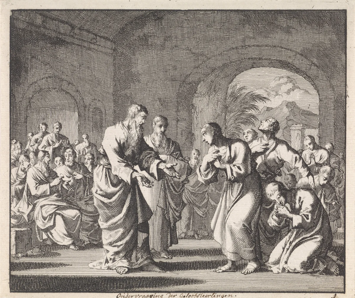Catechese van vijf gelovigen by Jan Luyken, print, 1700