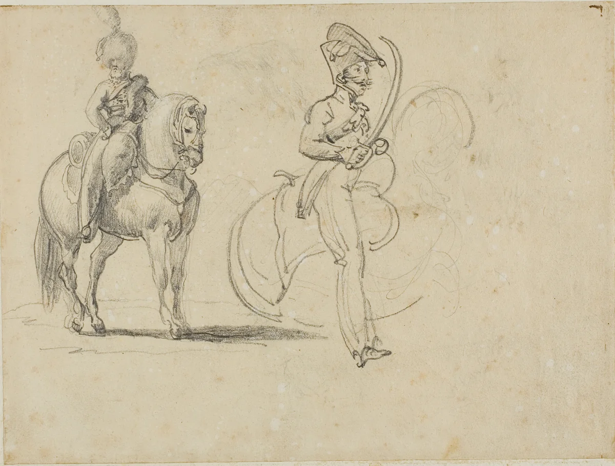 Sketches of a Mounted Chasseru and a Cavalry Officer with Drawn Saber by Jean Louis André Théodore Géricault, drawing, 1813-1814