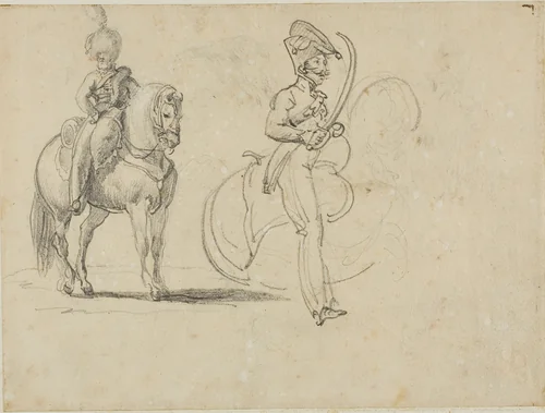 Sketches of a Mounted Chasseru and a Cavalry Officer with Drawn Saber by Jean Louis André Théodore Géricault, drawing, 1813-1814