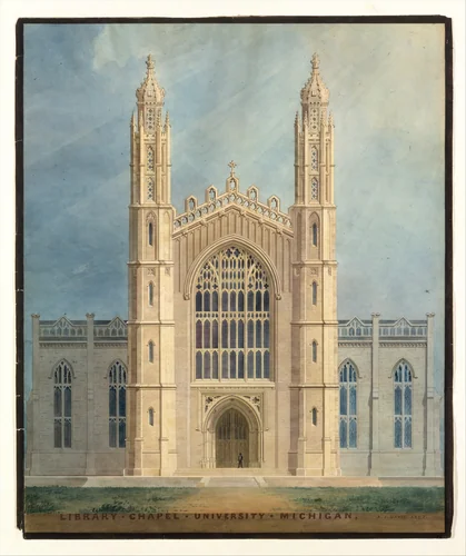 Library and Chapel, University of Michigan, Ann Arbor (front elevation) by Alexander Jackson Davis, drawing, 1838-1839