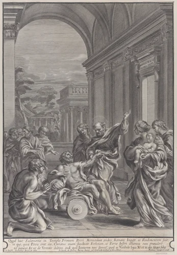 Saint Peter healing the sick, within a classical archway by Nicolas Laigniel, print, 1675-1685