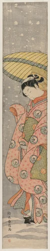 Young Woman Standing Under an Umbrella in the Snow by Suzuki Harunobu (鈴木春信), print, 1767-1768