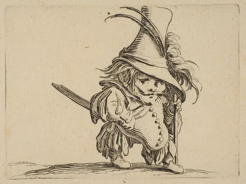L'Homme au Ventre Tombant et au Chapeau Très Élevé (The Man with a Drooping Belly and a Very Tall Hat), from "Varie Figure Gobbi, suite appelée aussi Les Bossus, Les Pygmées, Les Nains Grotesques" (Various Hunchbacked Figures, The Hunchbacks, The Pygmes, The Grotesque Dwarfs) by Jacques Callot, print, 1616-1622