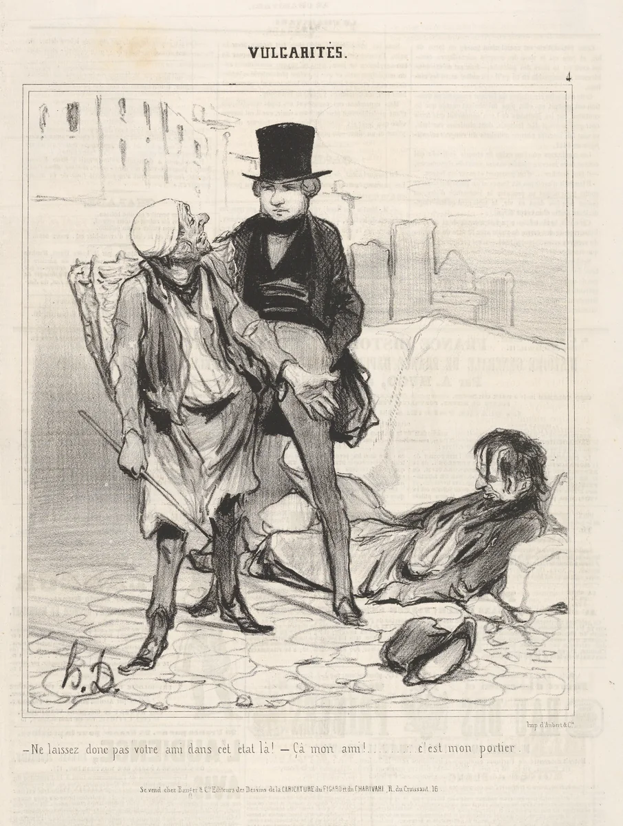 Ne laissez donc pas vôtre ami dans cet état-là!..., plate 4 from "Vulgarités" by Honoré Daumier, print, 1808-1879