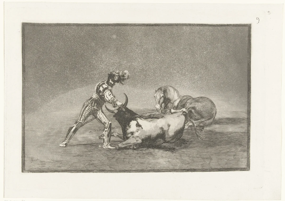 Spaanse ridder doodt een stier by Francisco de Goya, print, 1811-1816