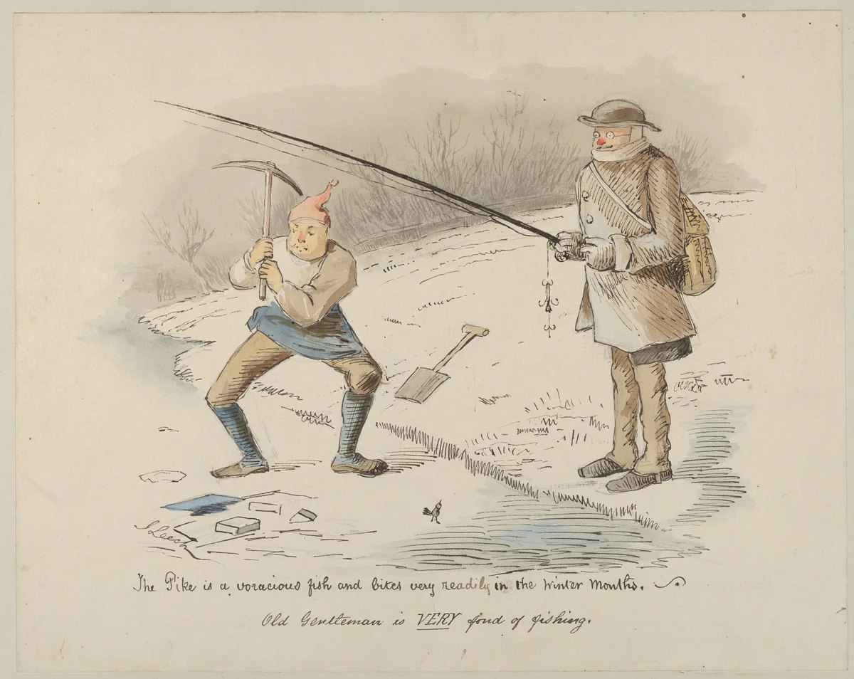 The Pike is a voracious fish and bites readily in the Winter months–Old Gentleman is VERY fond of fishing by John Leech, drawing, 1830-1864