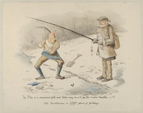 The Pike is a voracious fish and bites readily in the Winter months–Old Gentleman is VERY fond of fishing by John Leech, drawing, 1830-1864