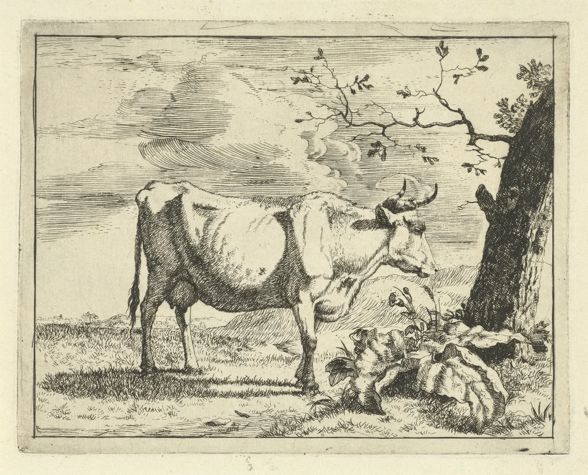 Staande koe bij boom by Marcus de Bye, print, 1657-1677
