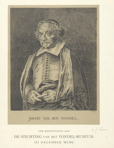 Portret van Joost van den Vondel by Maarten Bos Jz, print, 1841-1902