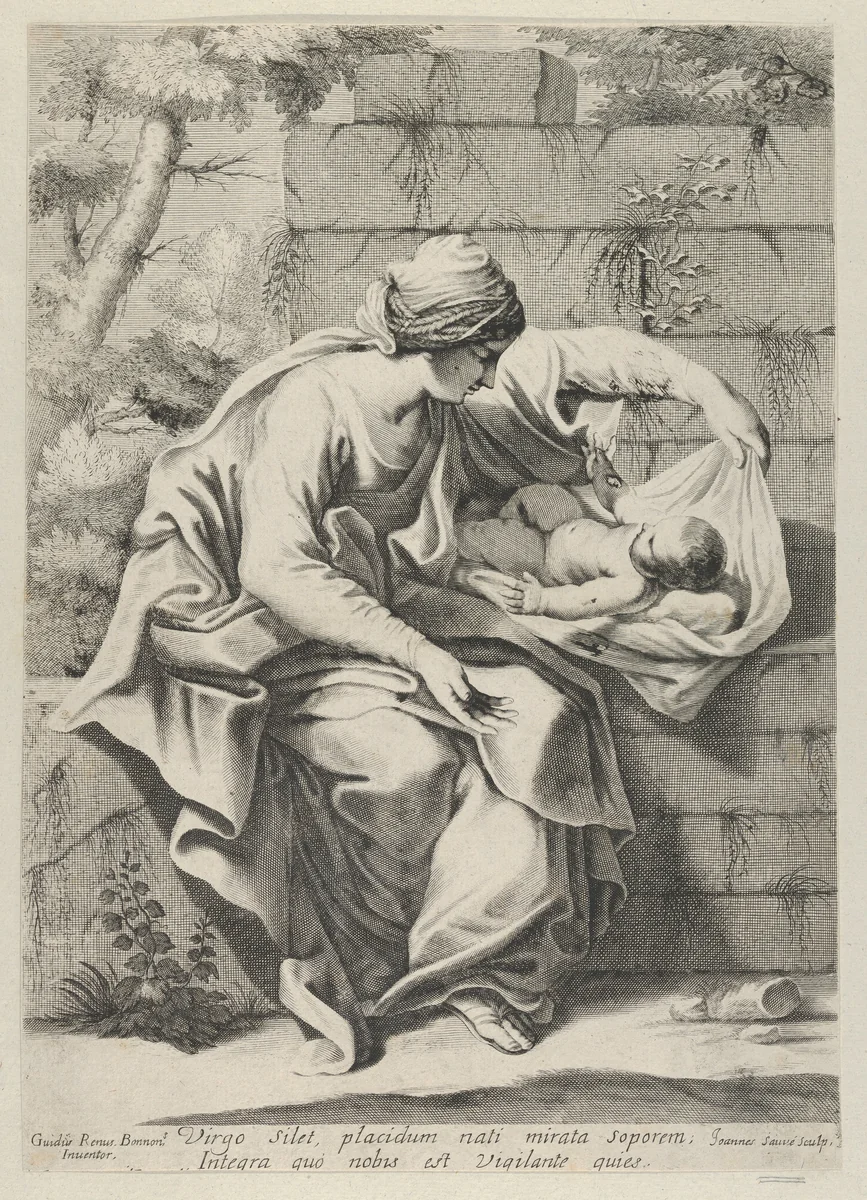 The Virgin seated on a stone ledge with the infant Christ lying on a cushion next to her, after Reni by Jean Sauvé, print, 1660-1691