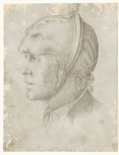 Hoofd van een man met helm by anonymous, drawing, 1530-1540