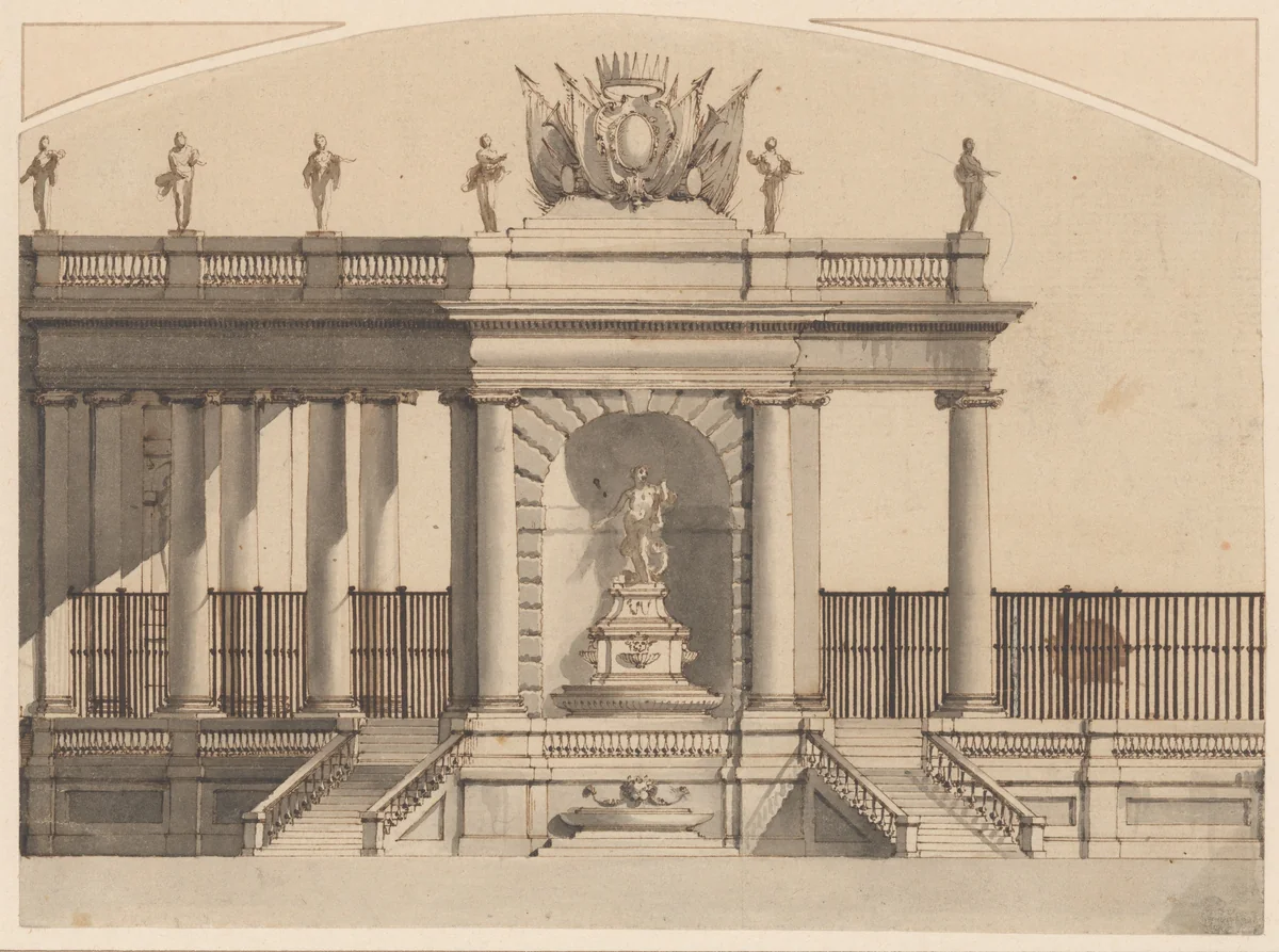 Colonnade and Fountain with a Crowned Armorial Shield by anonymous, drawing, 1745-1805