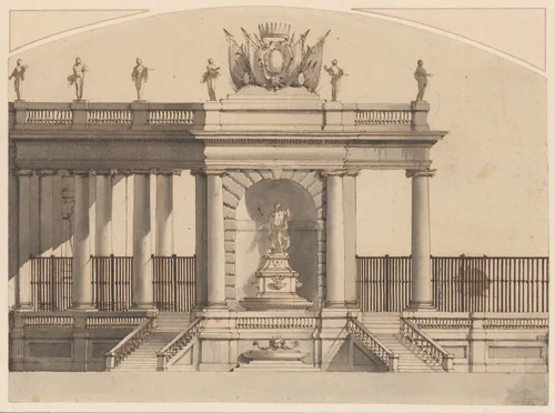 Colonnade and Fountain with a Crowned Armorial Shield by anonymous, drawing, 1745-1805