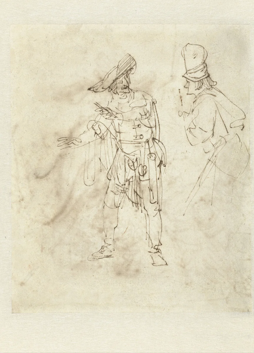 Actor in the Role of Pantalone Engaged in Conservation by Rembrandt van Rijn, drawing, 1634-1636