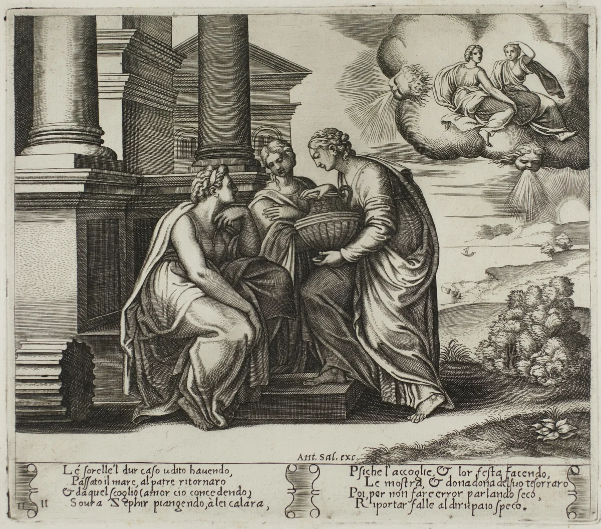 Psyche Gives Presents to Her Sisters by Raffaello Sanzio, print, 1530-1540
