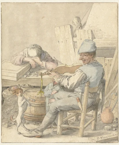 Interieur met vioolspelende man, slapende vrouw en dansende hond by Pieter Moninckx, drawing, 1616-1686