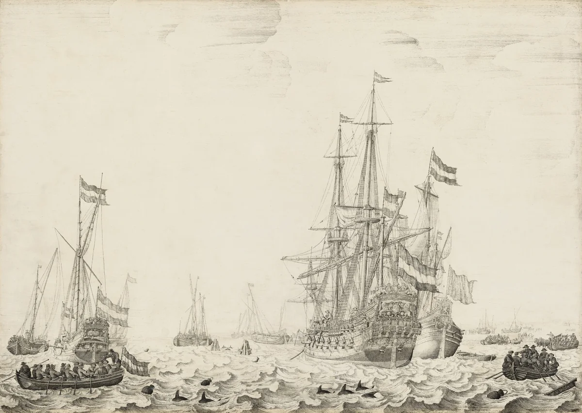 Dutch Ships near the Coast by Willem van de Velde the Elder, painting, 1650-1654