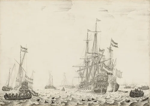 Dutch Ships near the Coast by Willem van de Velde the Elder, painting, 1650-1654