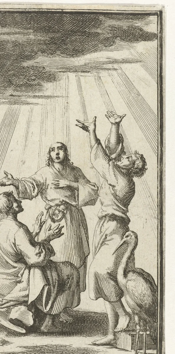 Drie figuren kijken omhoog en worden beschenen door een bundel hemellicht by Jan Luyken, print, 1689