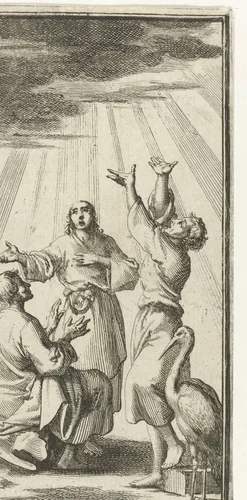 Drie figuren kijken omhoog en worden beschenen door een bundel hemellicht by Jan Luyken, print, 1689