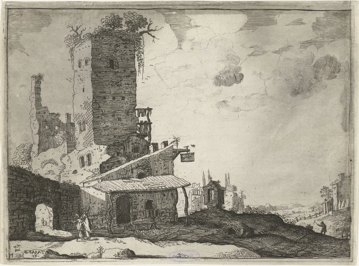 Herberg bij een kapel by Laurens Barata, print, 1628-1656