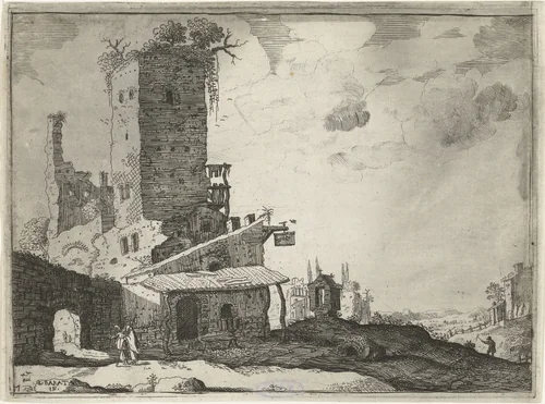 Herberg bij een kapel by Laurens Barata, print, 1628-1656