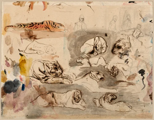 Sketches of Tigers and Men in 16th Century Costume by Eugène Delacroix, drawing, 1825-1830