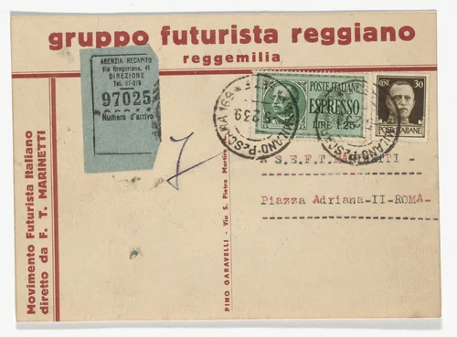 Gruppo Futurista Reggiano stationery postcard (Addressed to Marinetti) by Unidentified Designer, design, 1917