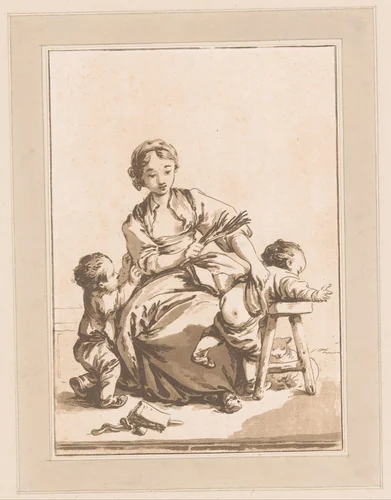 Jonge vrouw geeft een kind een pak slaag met een roe by Jean Baptist Leprince, print, 1744-1781