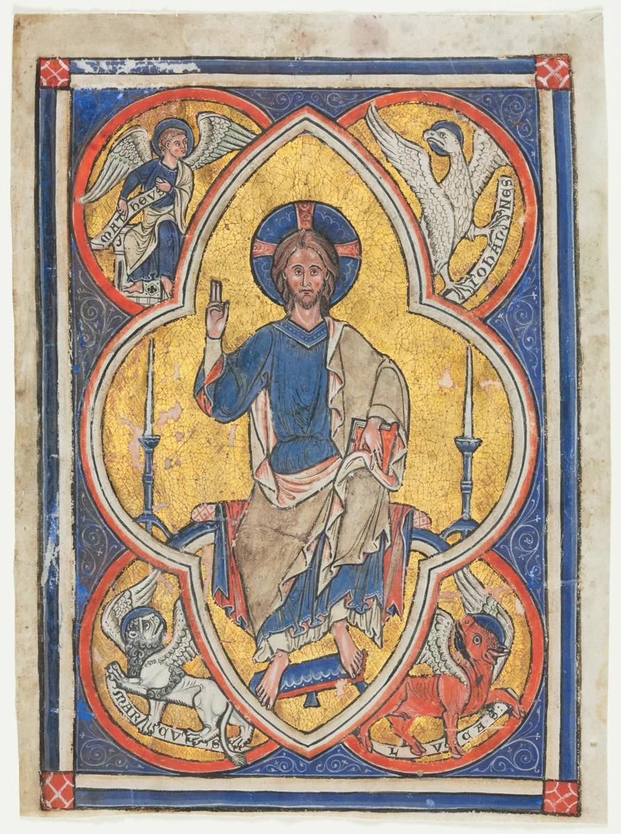 Miniature Excised from a Psalter: Christ in Majesty with Symbols of the Four Evangelists by Unknown, manuscript, 1230-1240