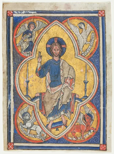 Miniature Excised from a Psalter: Christ in Majesty with Symbols of the Four Evangelists by Unknown, manuscript, 1230-1240