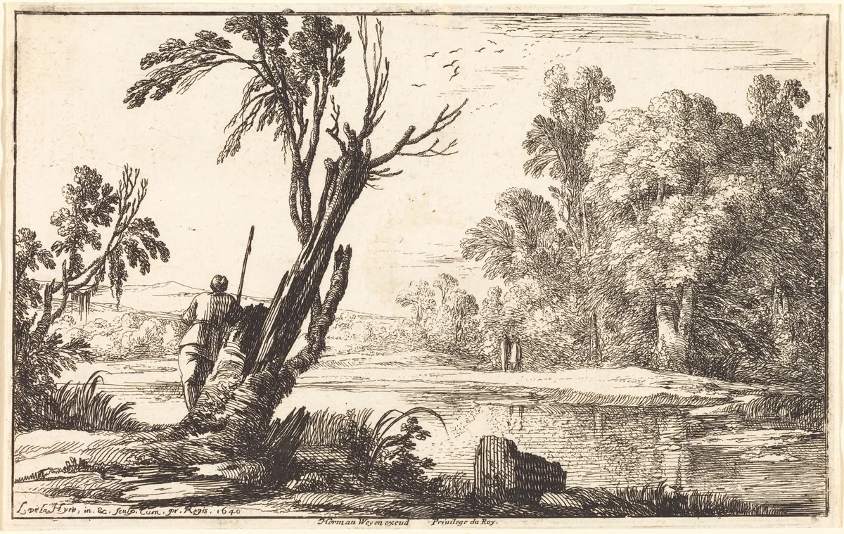A Man Gazing across a Still Pond by Laurent de La Hyre, print, 1640
