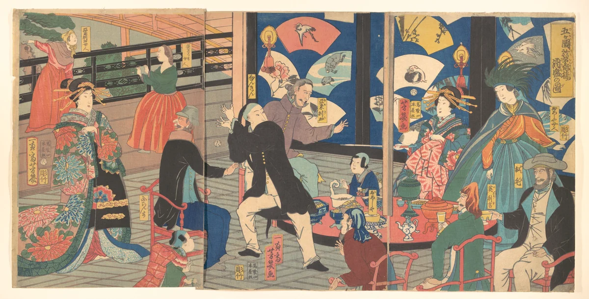 The Five Nations Enjoying a Drunken Revel at the Gankirō Tea House by Utagawa Yoshiiku, print, 1860