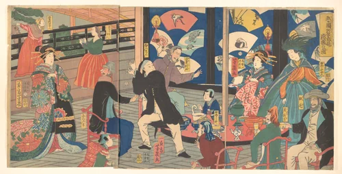 The Five Nations Enjoying a Drunken Revel at the Gankirō Tea House by Utagawa Yoshiiku, print, 1860