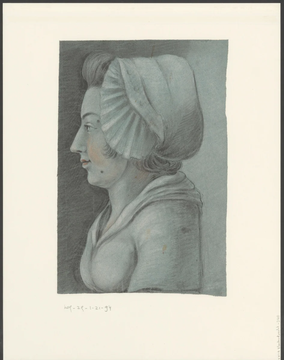 Portret van een onbekende vrouw in klederdracht met muts by anonymous, drawing, 1800-1899